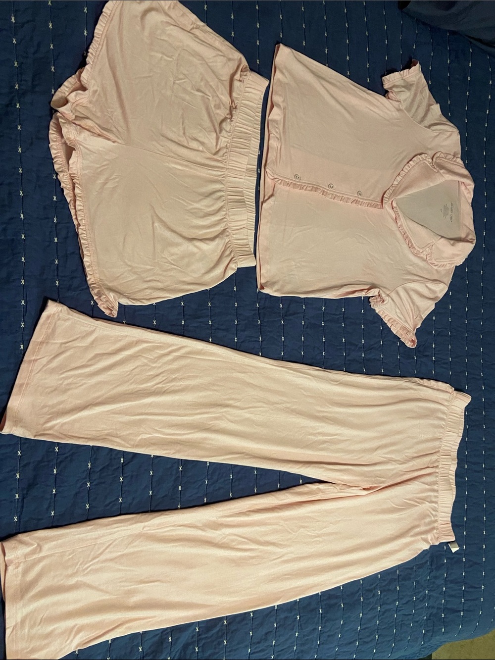 Shabby Chic Pale Pink 3-Piece Pajama Set — Button Front Top, Shorts & Pants